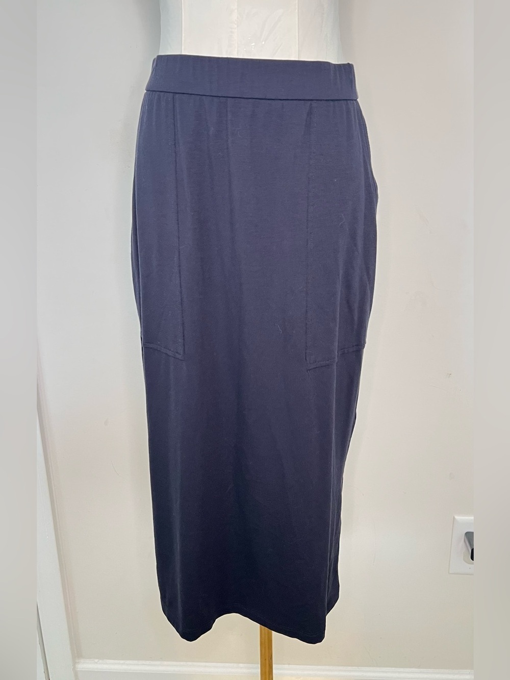 Eileen Fisher Navy Pencil Skirt Elastic Waist Side Slits XXS/TTP Pockets Career